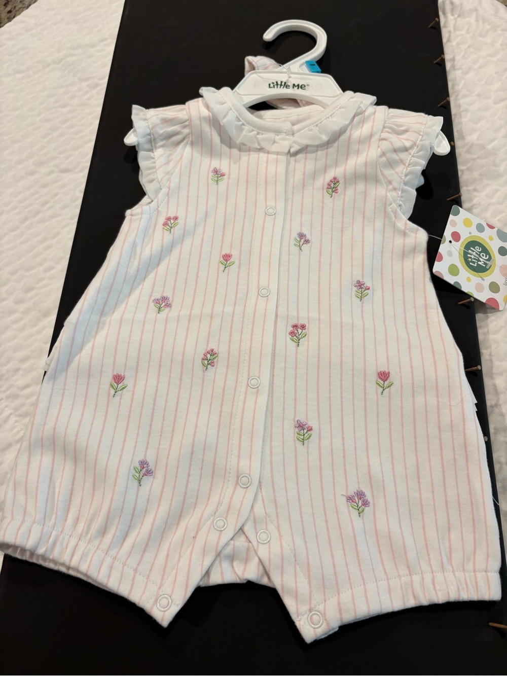 Little Me White Romper with Pink Stripes and Floral Embroidery